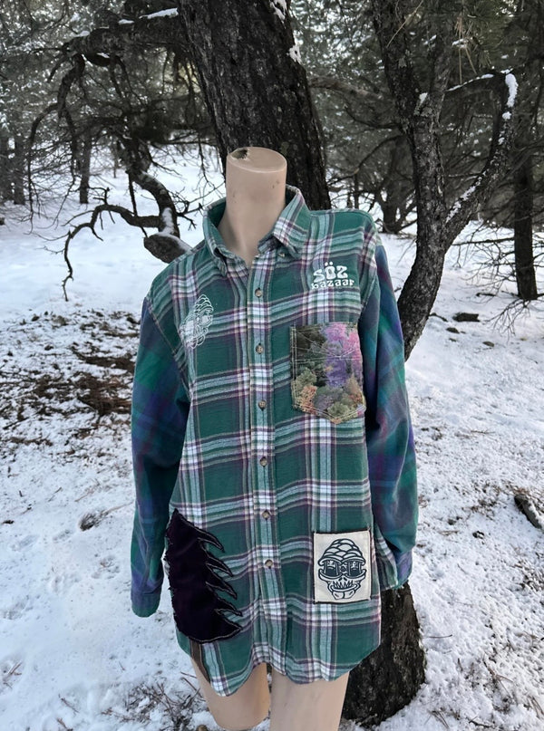 Purple tree flannel 1 of 1 hand embroidered vintage rework — Upcycled Apparel SÖZ Bazaar Colorado