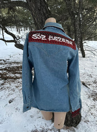 70s disco denim shirt jacket 1 of 1 vintage rework — Upcycled Apparel SÖZ Bazaar Colorado back