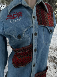 70s disco denim shirt jacket 1 of 1 vintage rework — Upcycled Apparel SÖZ Bazaar Colorado front details
