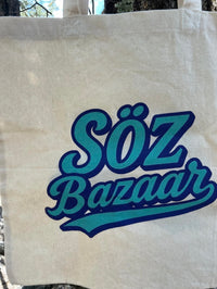 Bazaar tote oversized screen printed canvas bag — water-based ink handmade by SÖZ Bazaar Colorado details