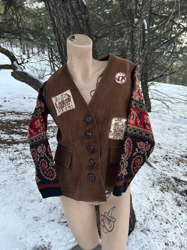 1 of 1 rework upcycled vintage brown leather vest with wool floral paisley sweater sleeves. SÖZ Bazaar Colorado.