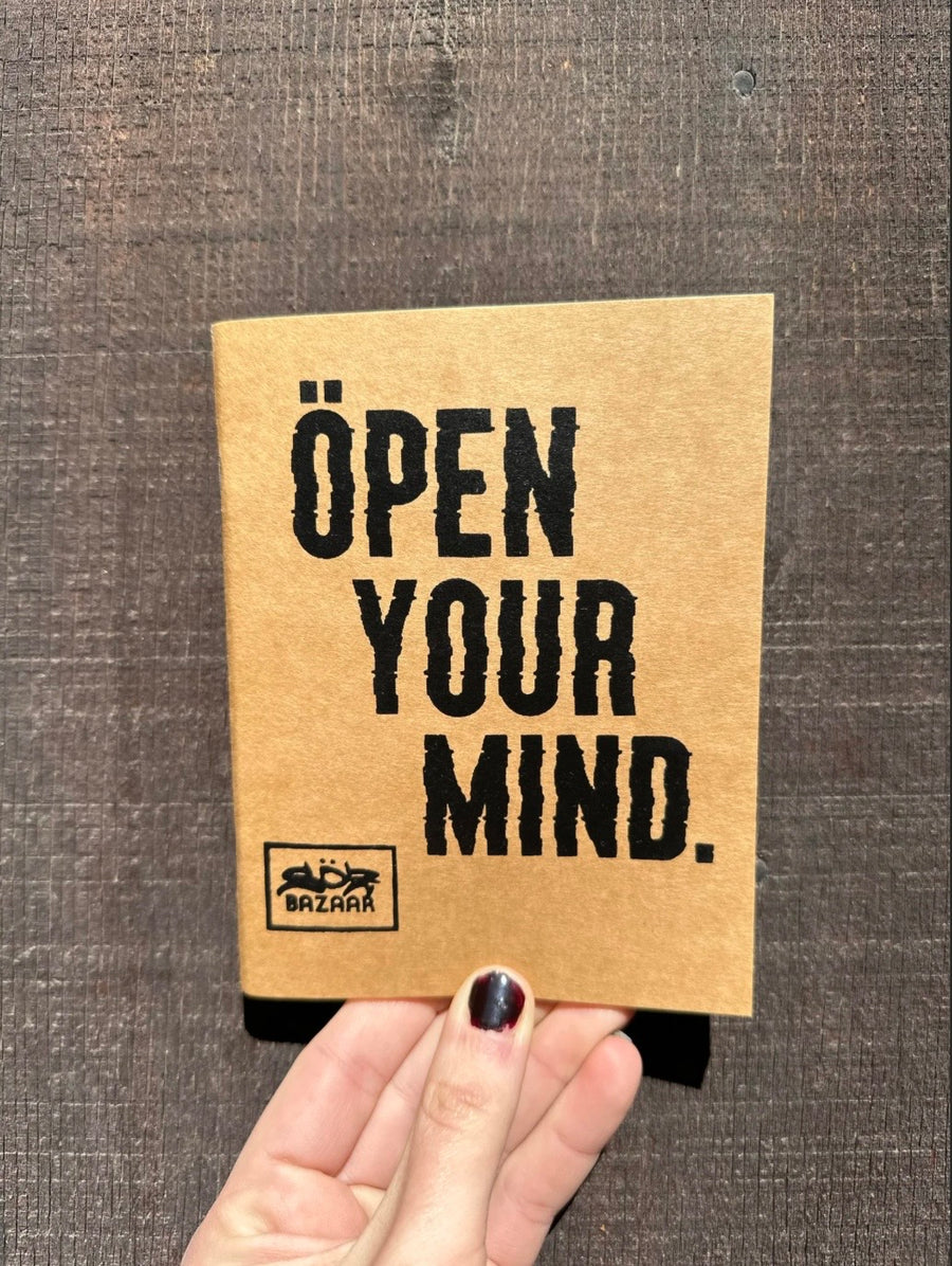 Open Your Mind screen printed kraft blank journal 48 pages — handmade by SÖZ Bazaar Colorado
