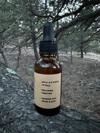 Pine infused beard oil 1oz bottle — small batch natural formula handmade by SÖZ Bazaar Colorado side