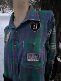 Purple flannel 1 of 1 vintage rework — Upcycled Apparel SÖZ Bazaar Colorado pocket details