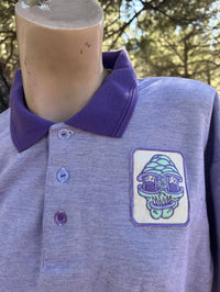 Vintage purple polo 1 of 1 alien embroidered rework — Upcycled Apparel SÖZ Bazaar Colorado embroidered patch details