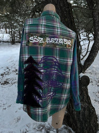 Purple tree flannel 1 of 1 hand embroidered vintage rework — Upcycled Apparel SÖZ Bazaar Colorado back