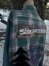 Purple tree flannel 1 of 1 hand embroidered vintage rework — Upcycled Apparel SÖZ Bazaar Colorado back patch details