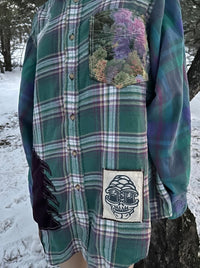 Purple tree flannel 1 of 1 hand embroidered vintage rework — Upcycled Apparel SÖZ Bazaar Colorado front details