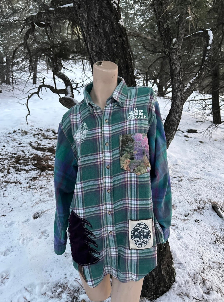 Purple tree flannel 1 of 1 hand embroidered vintage rework — Upcycled Apparel SÖZ Bazaar Colorado
